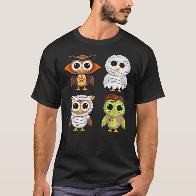 Halloween Owl Ghost Vampire Mummy Trick Or Treat T Shirt (Framsida)
