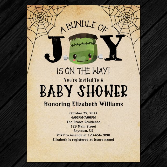 Halloween-paket med Joy Frankenstein Baby Shower Inbjudningar (Front)