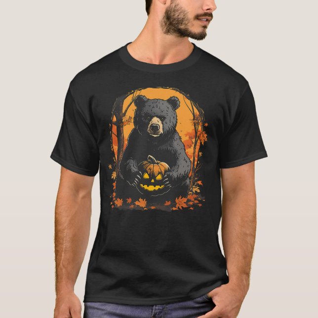 Halloween Panda Bear Forest Autumn Leaves Pumpkin  T Shirt (Framsida)