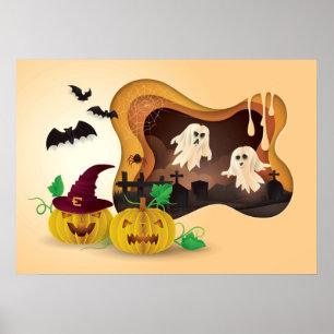 Halloween Papercut Cemetery Spöken Poster
