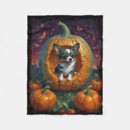 Halloween Papillon Puppy som bor i en Pumpkin Fleecefilt