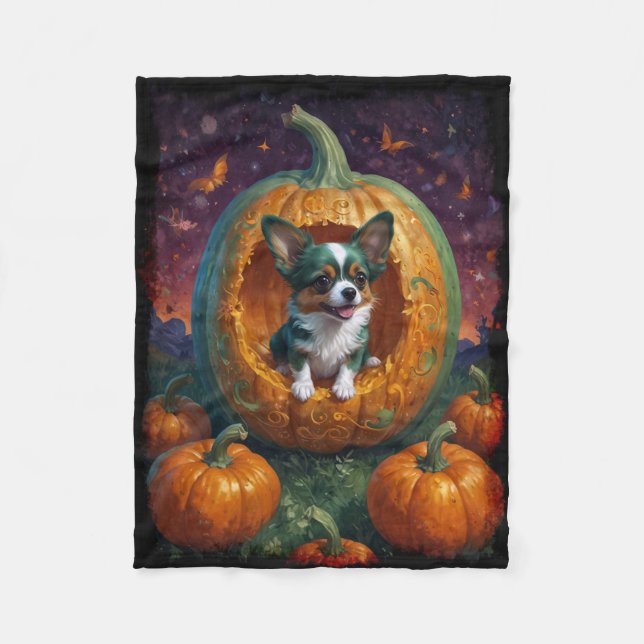 Halloween Papillon Puppy som bor i en Pumpkin Fleecefilt (Framsidan)