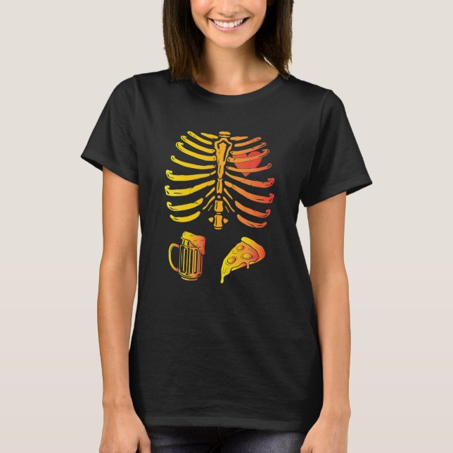 Halloween Pappa Skeleton Pizza Beer Funny Gravid T Shirt (Framsida)