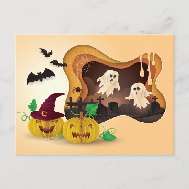 Halloween Pappersklippta Kyrkogårds Spöken Vykort (Framsida)