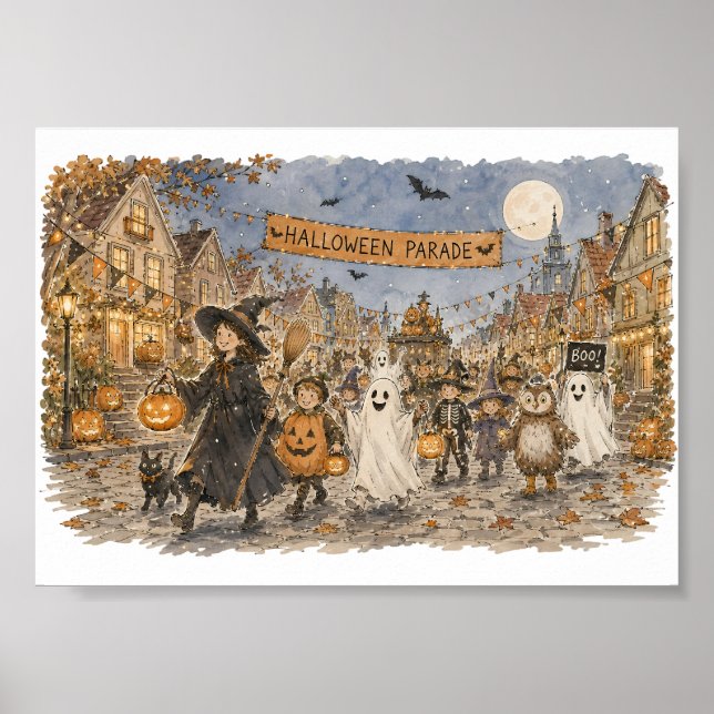 Halloween-parad Natt Scen Illustration Poster (Framsidan)