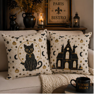 Halloween Parisian Bistro Mosaik Svart Katt & Spök Kudde