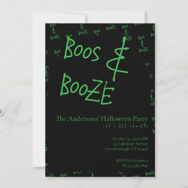 Halloween Party Boos and Booze Green Black Inbjudningar (Framsida)