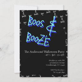 Halloween Party Boos and Booze Neon Blue Inbjudningar