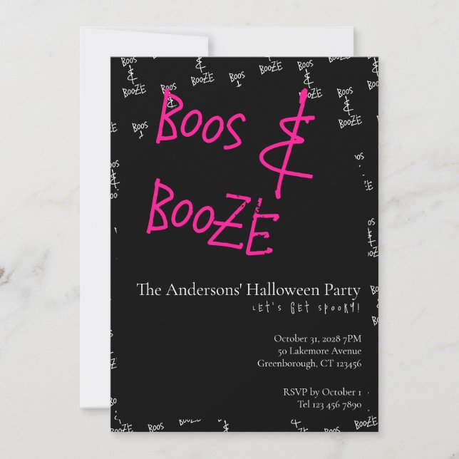 Halloween Party Boos and Booze Pink Black White Inbjudningar (Framsida)