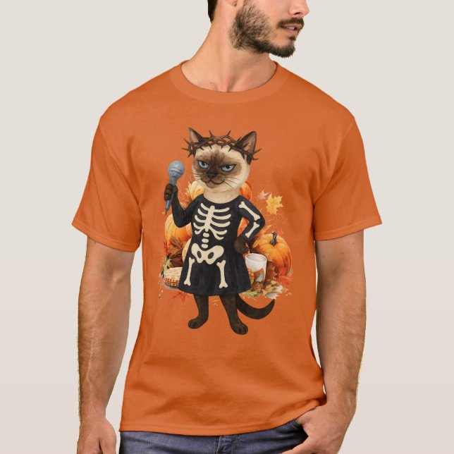 Halloween Party by Siamese Cat with Pumpkin T Shirt (Framsida)