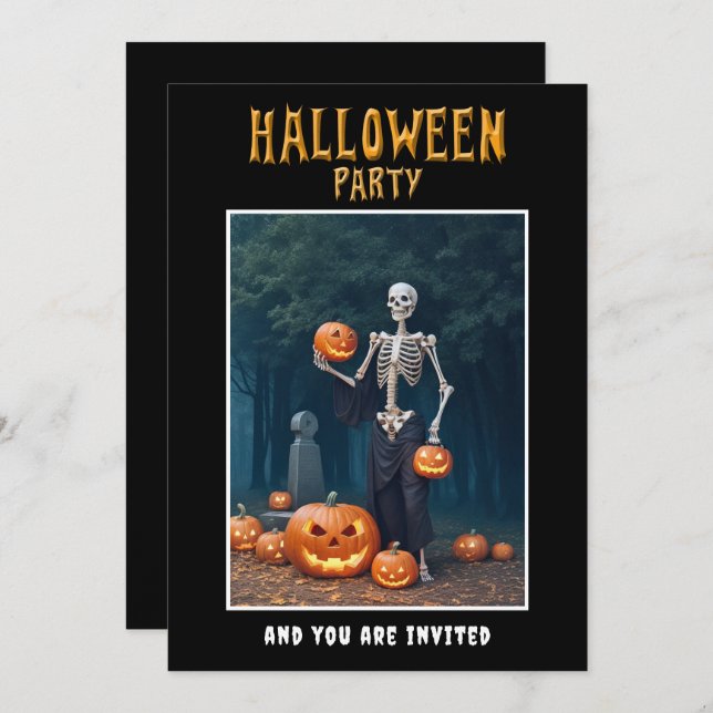 Halloween Party invitation Skeleton among Pumpkins Inbjudningar (Fram/baksida)