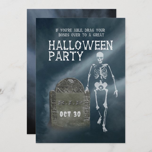 Halloween Party invitation Skeleton and Tombstone Inbjudningar (Fram/baksida)