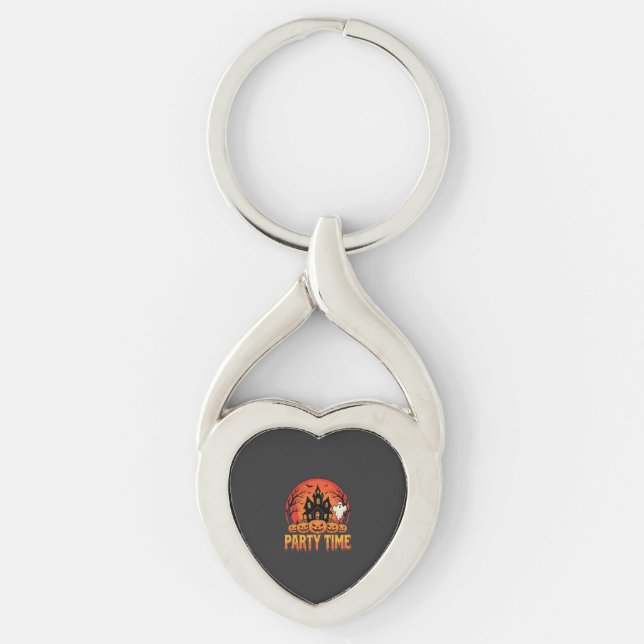 Halloween Party Time Spökpumpa Design_1 Twisted Heart Silverfärgad Nyckelring (Framsidan)