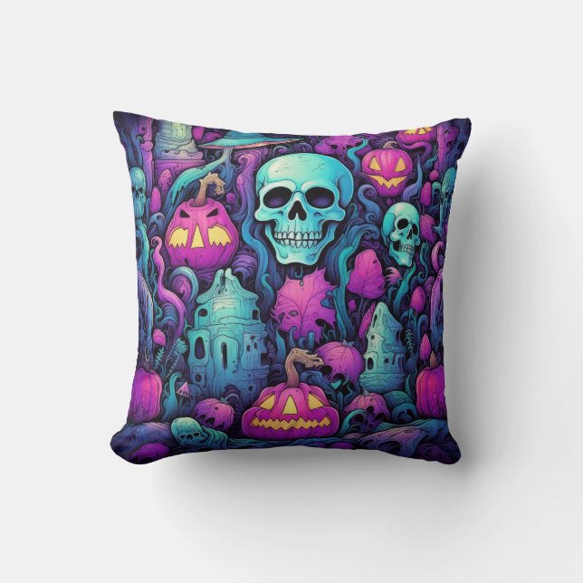 Halloween Pastel-Döskallar och Pumpkins Kudde (Framsida)