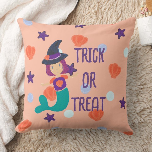 Halloween Pastel Sjöjungfru Witch Bus eller godis Kudde (Filt)