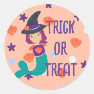 Halloween Pastel Sjöjungfru Witch Bus eller godis Runt Klistermärke