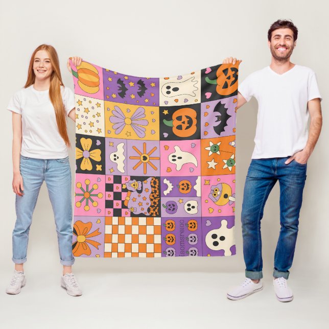 Halloween Patchwork Mönster - Festive Squares Fleecefilt (På plats)