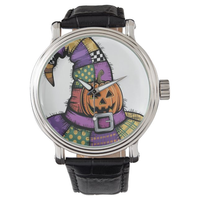 Halloween Patchwork Witch Hat Spooky Armbandsur (Framsida)