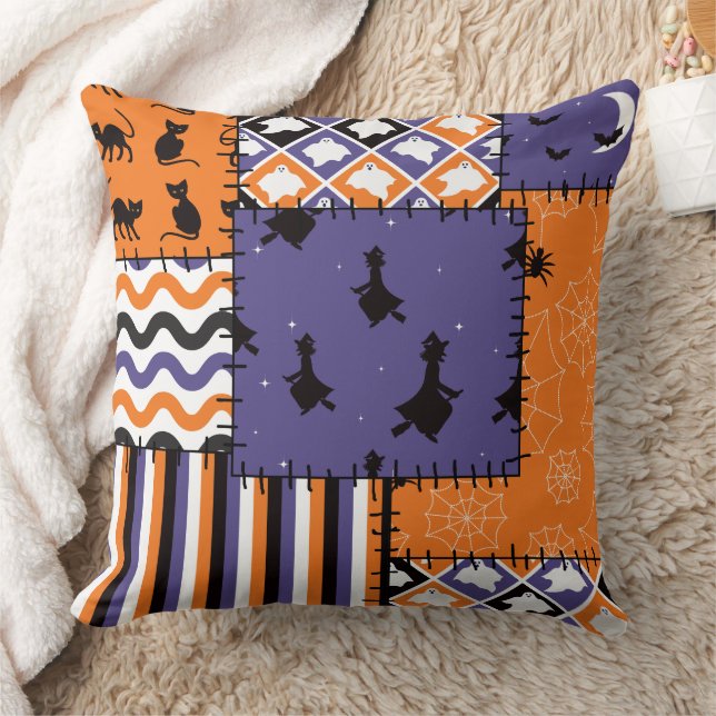 Halloween Patchwork Witches Cats Dekorativ kudde (Filt)