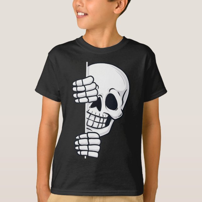 Halloween Peeking Skeleton Scary Boys Girls Kids T Shirt (Framsida)