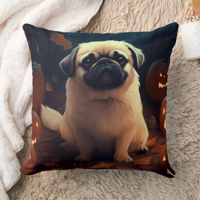 Halloween Pekingese med pumpor Scary Kudde (Filt)