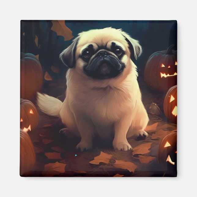 Halloween Pekingese med pumpor Scary Magnet (Framsidan)