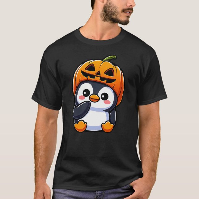 Halloween Penguin Pumpkin Hat T Shirt (Framsida)