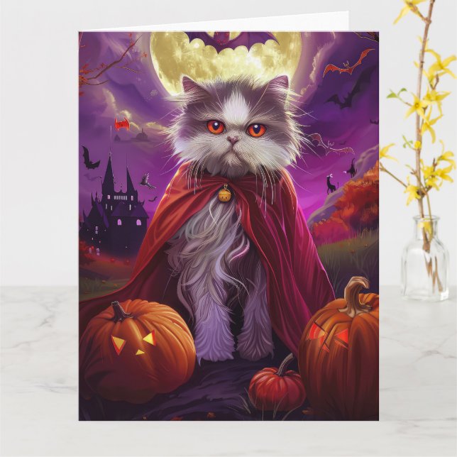 Halloween Persian Cat Vampire Pumpkins Scary Kort (Gul blomma)