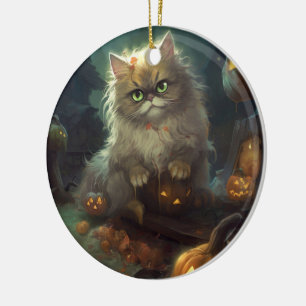 Halloween-persiskt katt med pumpor julgransprydnad keramik