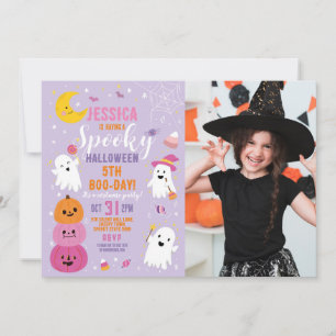 Halloween Photo Lila Birthday Pumpkins Ghost Inbjudningar