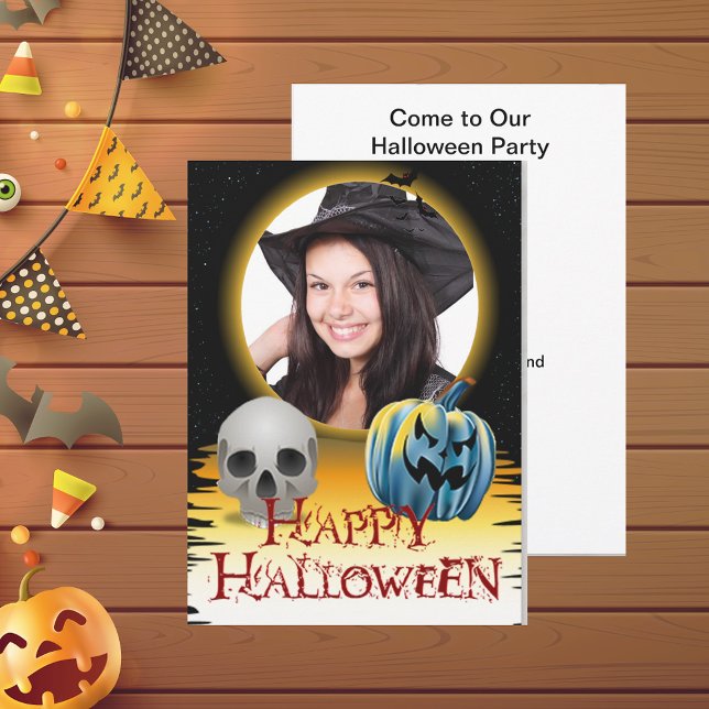 Halloween Photo Ram Skull och Jack o'Lantern Inbjudningar (Halloween Photo Frame Skull and Jack o' Lantern Invitation)