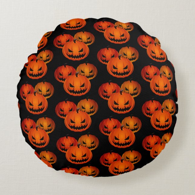 Halloween Pillow Scary Pumpkins Rund Kudde (Framsidan)