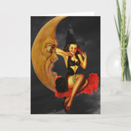 Halloween Pin-Up Girl Witch på hälsningskortet Mån Kort