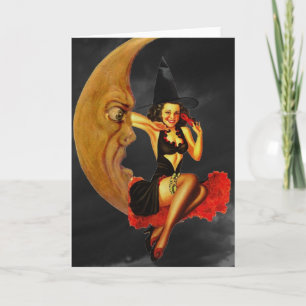 Halloween Pin-Up Girl Witch på hälsningskortet Mån Kort