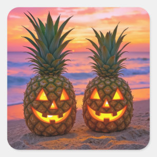 Halloween Pinapple Jack-o-lanterns På en Strand Fyrkantigt Klistermärke
