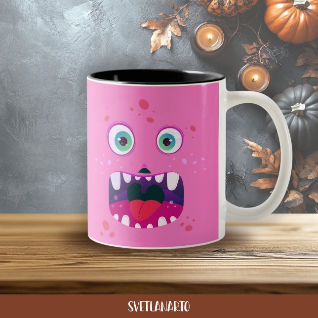 Halloween Pink Happy Monster Coffee Mug Två-Tonad Mugg (Frontal view)