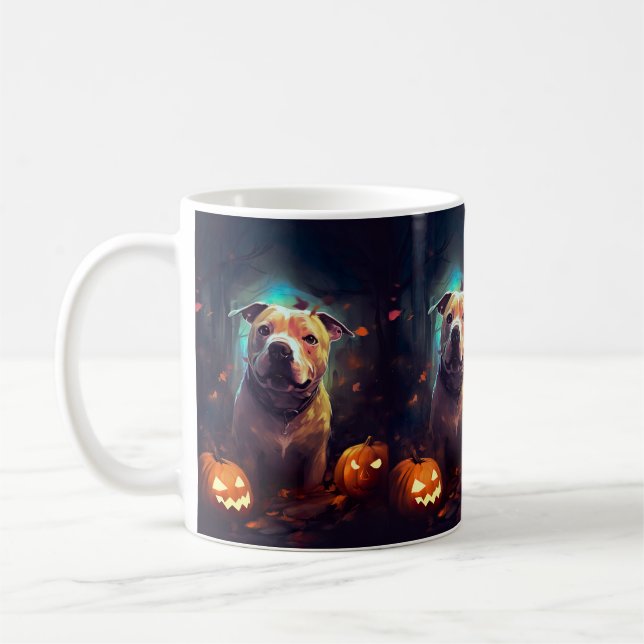 Halloween Pitbull med pumpor Kaffemugg (Vänster)