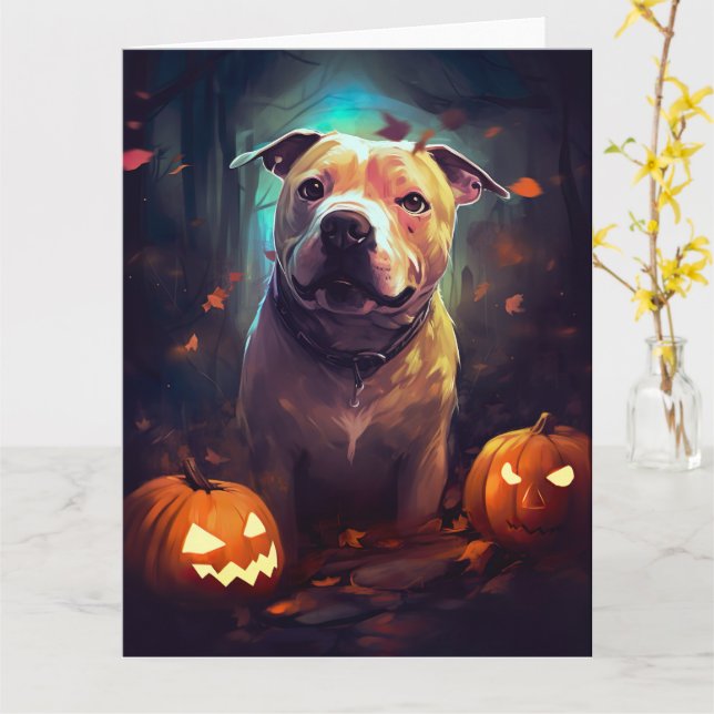 Halloween Pitbull med pumpor Kort (Gul blomma)