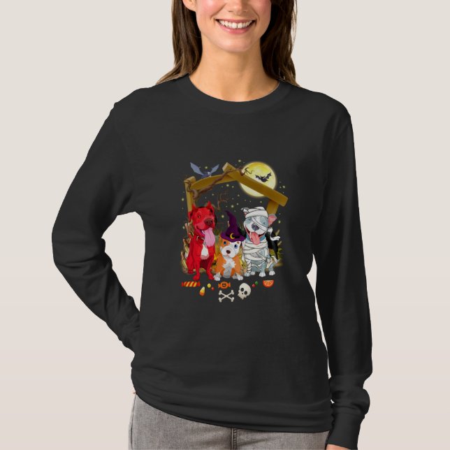 Halloween Pitbull Witch Pumpkin Mummy Pitbull Hund T Shirt (Framsida)