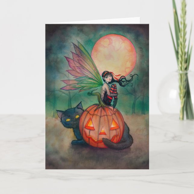 Halloween Pixie Älva och Svart Katt Fantasy Konst Kort (Framsida)