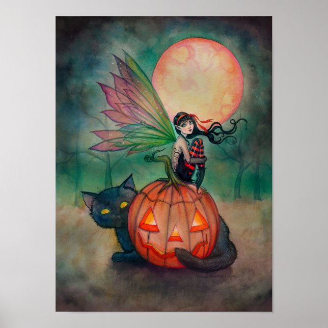 Halloween Pixie Älva och Svart Katt Fantasy Konst Poster (Framsidan)