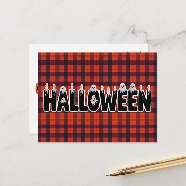 Halloween Plaid Ghost Lettering Vykort (Fram/Back In Situ)