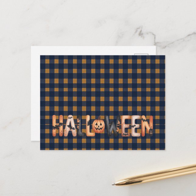 Halloween Plaid Pumpkin Helg Vykort (Fram/Back In Situ)