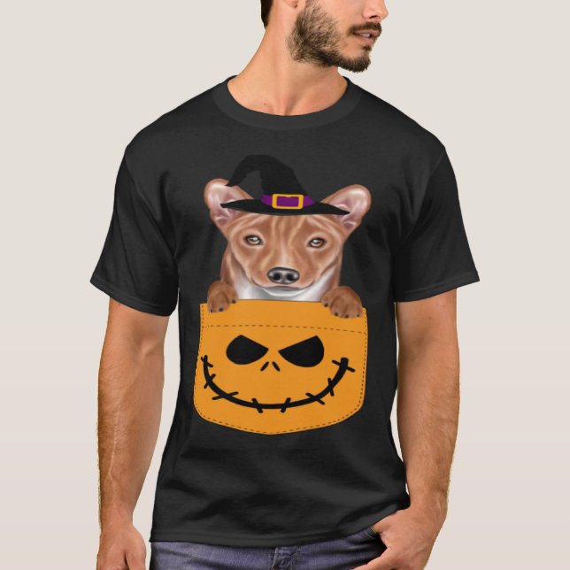 Halloween Pocket Basenji Scary Jack O Lantern T Shirt (Framsida)
