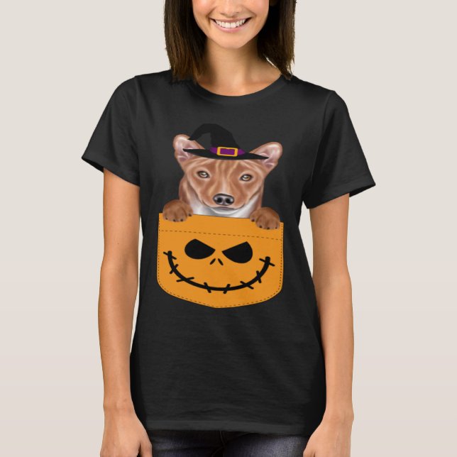 Halloween Pocket Basenji Scary Jack O Lantern T Shirt (Framsida)