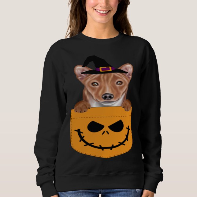 Halloween Pocket Basenji Scary Jack O Lantern T Shirt (Framsida)