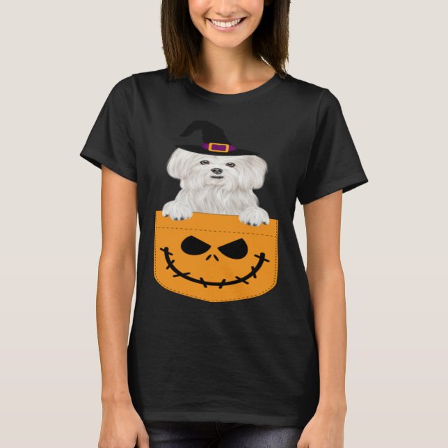 Halloween Pocket Maltese Scary Jack O Lantern T Shirt (Framsida)