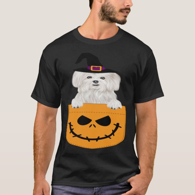 Halloween Pocket Maltese Scary Jack O Lantern T Shirt (Framsida)