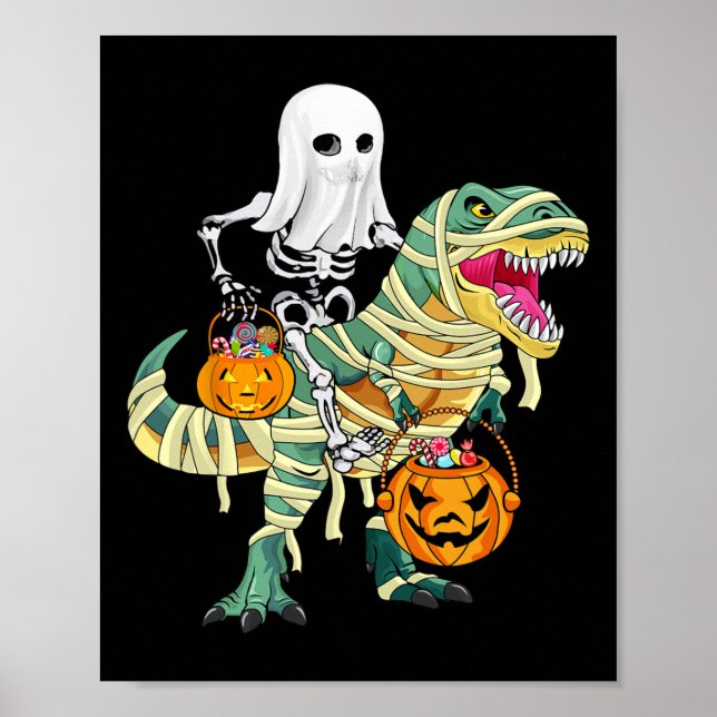 Halloween-pojkar Skeleton Riding Dinosaur-spökbarn Poster (Framsidan)