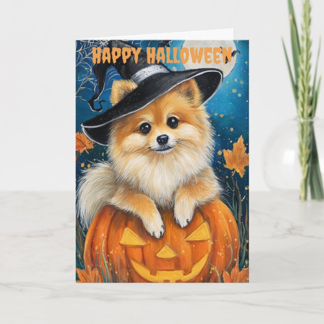 Halloween Pomeranian Hund Helgkort (Framsida)